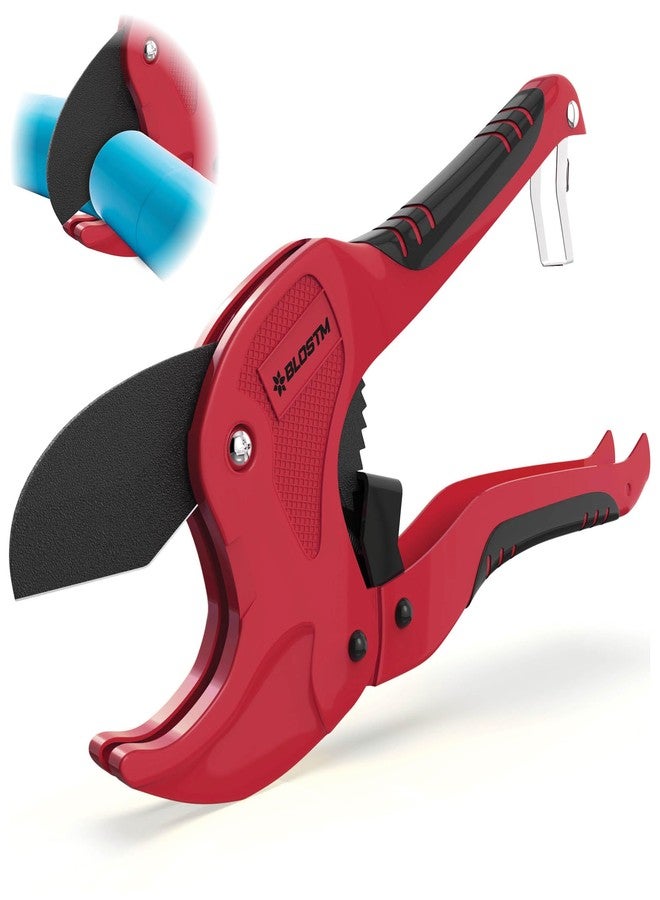 BLOSTM Plastic Pipe Cutter - Heavy Duty Ratchet Pipe Cutters with 42mm Outside Diameter Cutting Capacity for PVC PEX PPR Plastic Pipes & Rubber Hoses, Ergonomic Non-Slip Handle & Safety Lock (Red) - Image 1